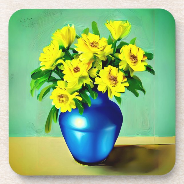 Yellow Roses in a Blue Vase Boho Art Coaster (Front)
