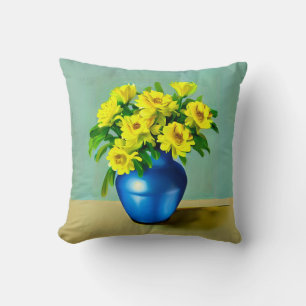 Yellow Roses in a Blue Vase Boho Art Cushion