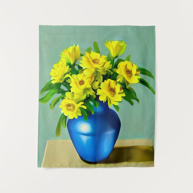 Yellow Roses in a Blue Vase Boho Art Tapestry (Front)