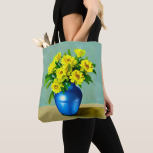 Yellow Roses in a Blue Vase Boho Art Tote Bag