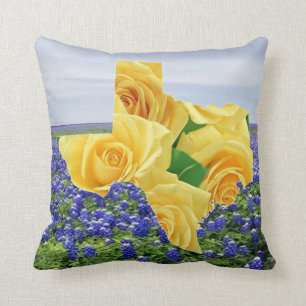 Yellow Roses In Shape Of Texas On Bluebonnets Cushion