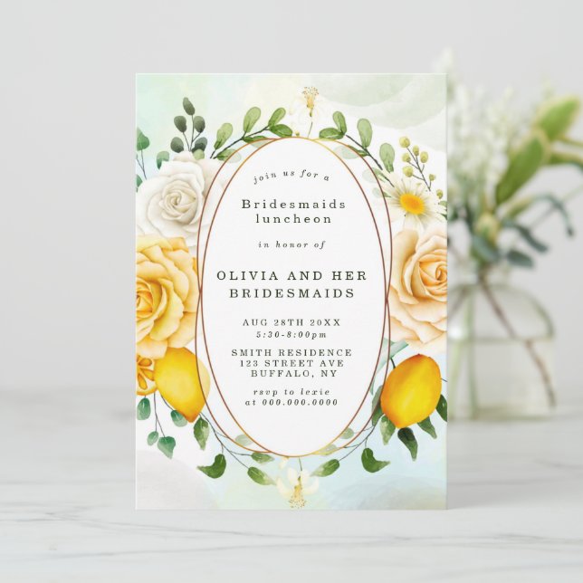 Yellow Roses Lemons Bridesmaids Luncheon Invites (Standing Front)