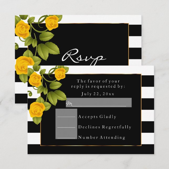 Yellow Roses on Black and White Stripes Invitation (Front/Back)