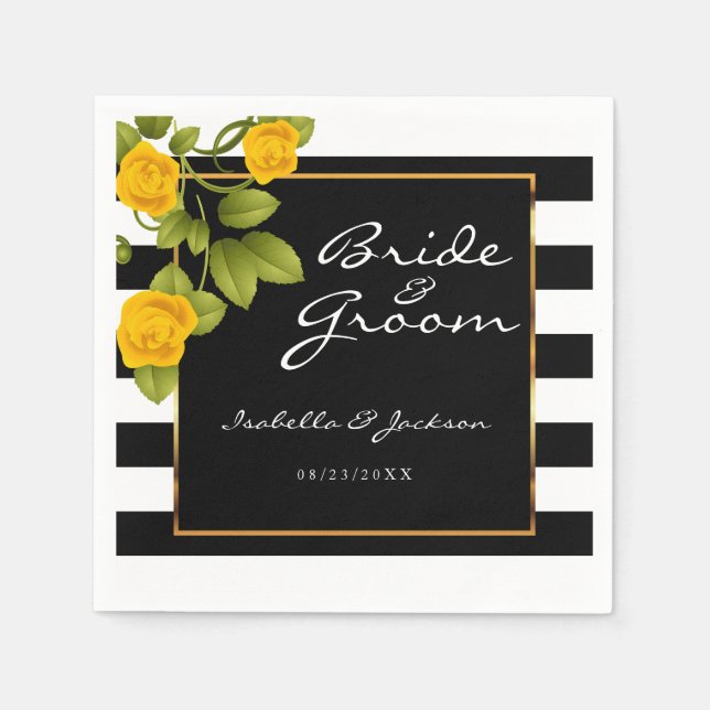 Yellow Roses on Black and White Stripes Napkin (Front)