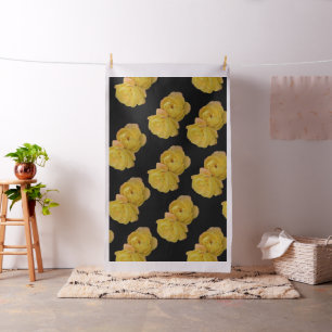 Yellow Roses On Black Background, Cotton Material Fabric