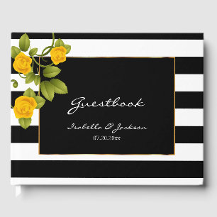 Yellow Roses on Black & White Stripes Guest Book