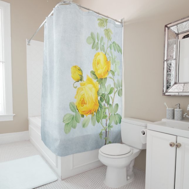 Yellow Roses on Distressed Grey Shower Curtain (In Situ)