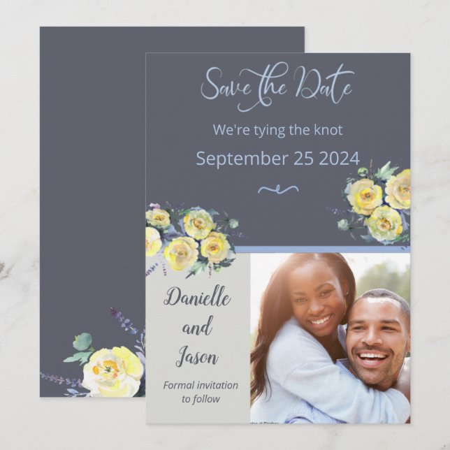Yellow Roses on Navy Photo Save the Date Announcement (Front/Back)