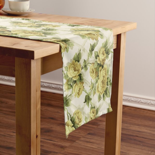 Yellow Roses on Trellis Floral Pattern Short Table Runner (In Situ)