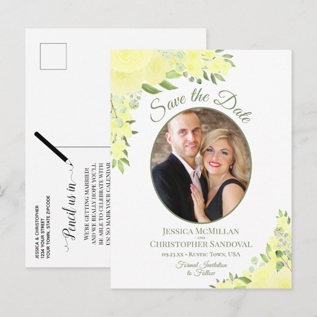 Yellow Roses Oval Photo Boho Wedding Save the Date Announcement Postcard (Front/Back)