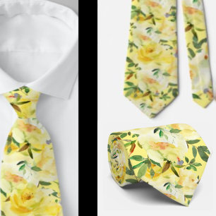Yellow Roses Pattern Flowers Floral Neck Tie