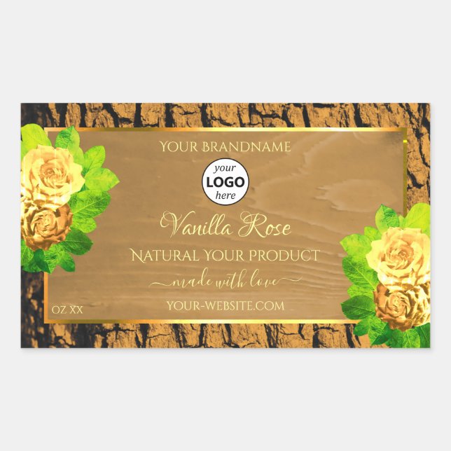 Yellow Roses Product Label Wood Tree Bark and Logo (Front)