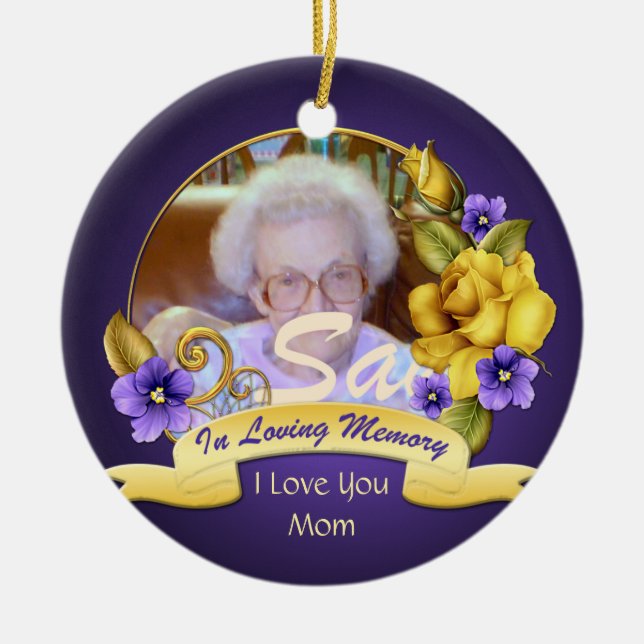 Yellow Roses Purple Pansies In Loving Memory Ceramic Tree Decoration (Front)