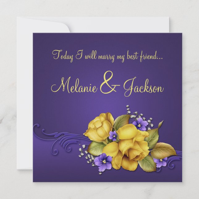 Yellow Roses Purple Pansies Post Wedding Invitation (Front)