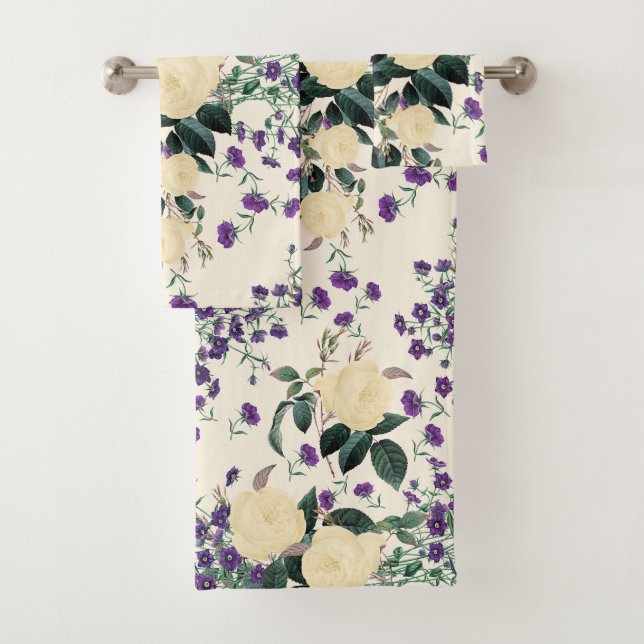Yellow Roses Purple Venus'Mirror Bath Towel Set (Insitu)