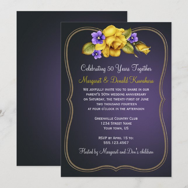 Yellow Roses Purple Violets Gold Ornate Frame Invitation (Front/Back)