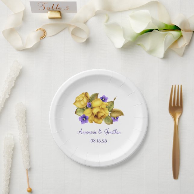 Yellow Roses Purple Violets Monogram Dessert Plate (Wedding)