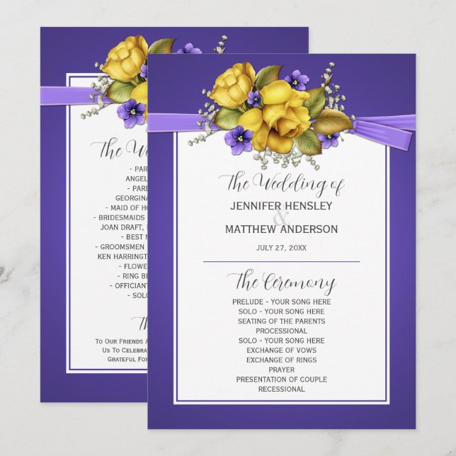 Yellow Roses Purple Violets Wedding Program Invitation (Front/Back)