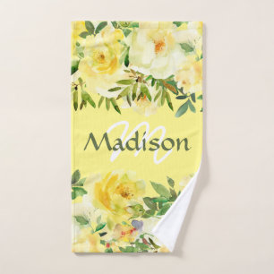 Yellow Roses Trendy Girly Monogram Bath Towel Set
