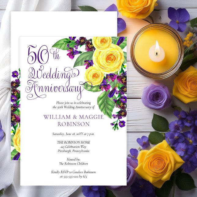 Yellow Roses Violet 50th Wedding Anniversary Party Invitation (Elegant Yellow Roses and Purple Violets Floral 50th Wedding Anniversary Invitation - Print | Digital)