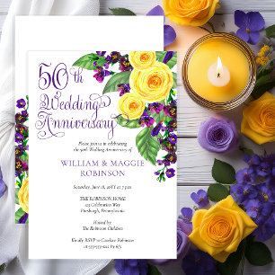 Yellow Roses Violet 50th Wedding Birthday Party Invitation