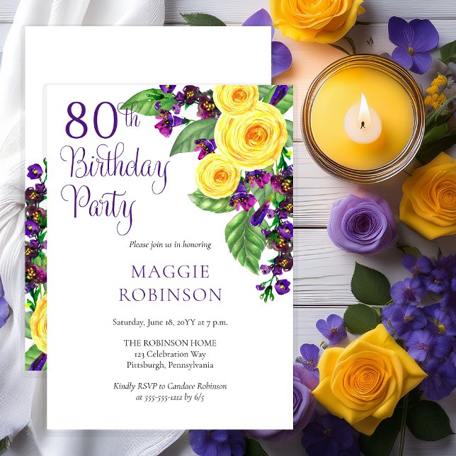 Yellow Roses Violet 80th Wedding Birthday Party Invitation (Elegant Yellow Roses and Purple Violets Floral 80th Birthday Party Invitation - Print | Digital)