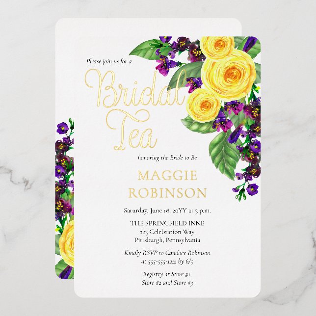 Yellow Roses | Violets Boho Floral Bridal Tea Foil (Front/Back)