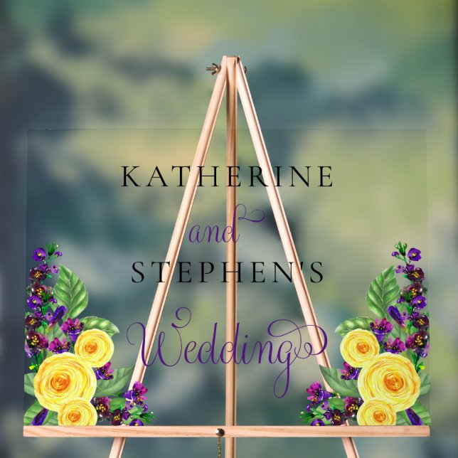 Yellow Roses | Violets Boho Floral Wedding  Acrylic Sign (Neutral)