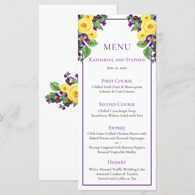 Yellow Roses | Violets Boho Floral Wedding Menu (Front/Back)