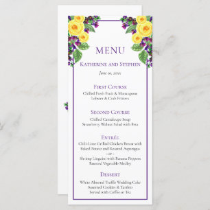 Yellow Roses Violets Boho Floral Wedding Menu