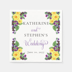 Yellow Roses   Violets Boho Floral Wedding Napkin