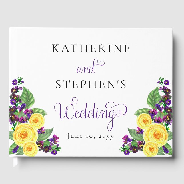 Yellow Roses | Violets Boho Floral Wedding Photo Guest Book (Front)