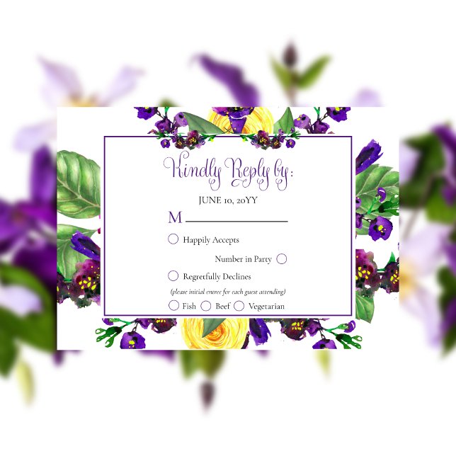 Yellow Roses |Violets Boho Floral Wedding RSVP Card (Yellow Roses and Purple Violets Boho Floral Wedding RSVP)
