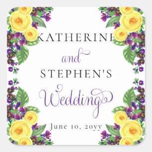 Yellow Roses   Violets Boho Floral Wedding Square Sticker