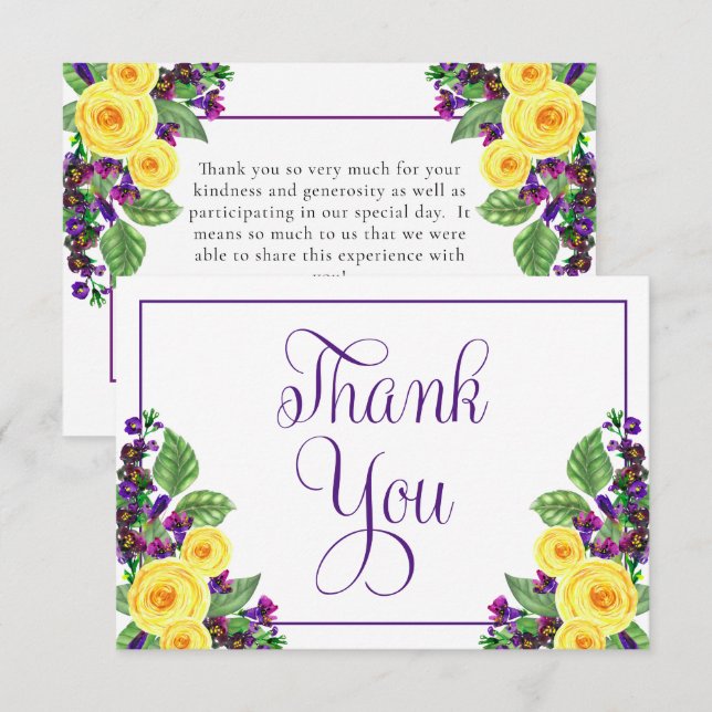 Yellow Roses | Violets Boho Floral Wedding  Thank You Card (Front/Back)