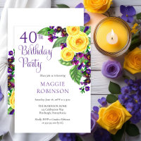 Yellow Roses Violets Floral 40th Wedding Birthday