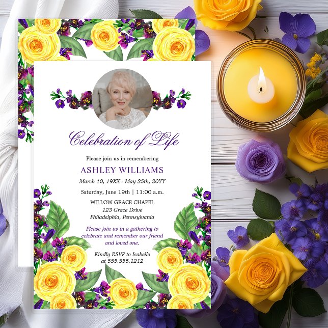 Yellow Roses |Violets Floral Celebration of Life I Invitation (Elegant Yellow Roses and Purple Violets Floral 90th Celebration of Life Invitation - Print | Digital)