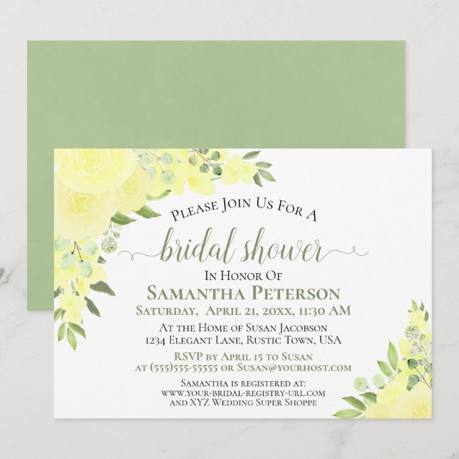 Yellow Roses Watercolor Boho Floral Bridal Shower Invitation (Front/Back)