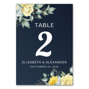 Yellow roses watercolor floral navy blue wedding table number