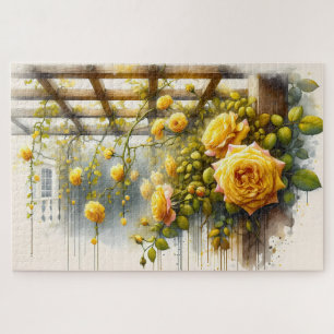 Yellow Roses Watercolor Garden Metal Print Jigsaw Puzzle