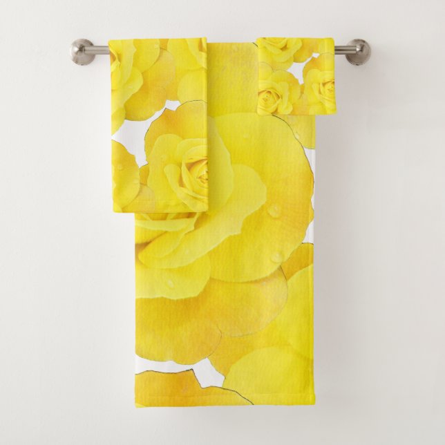 Yellow Roses White Gold Floral Flowers Patterns Bath Towel Set (Insitu)