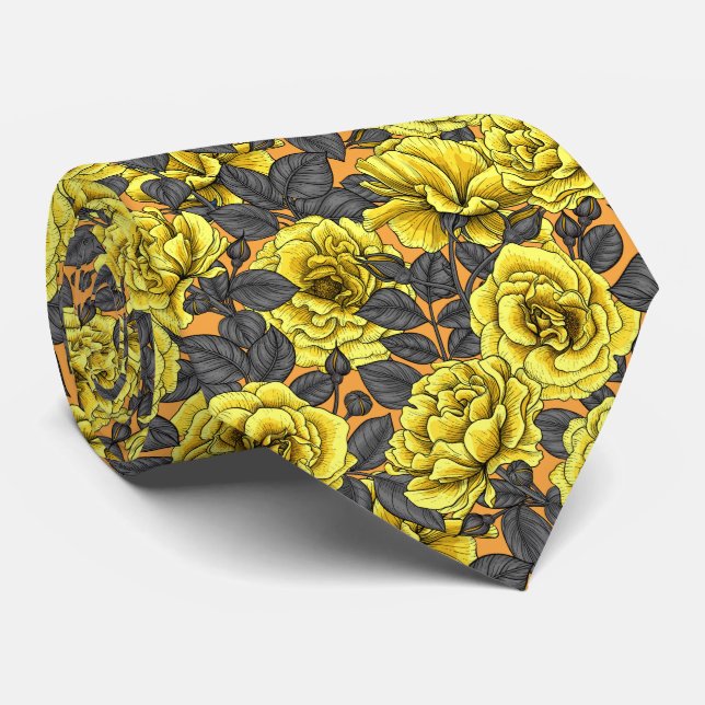 Yellow roses with blue leaves on blue tie (Rolled)