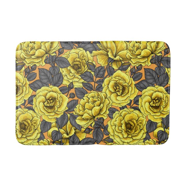 Yellow roses with grey leaves on orange bath mat (Front)