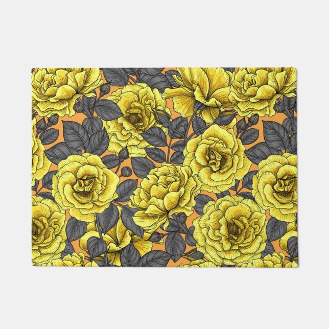 Yellow roses with grey leaves on orange doormat (Front)