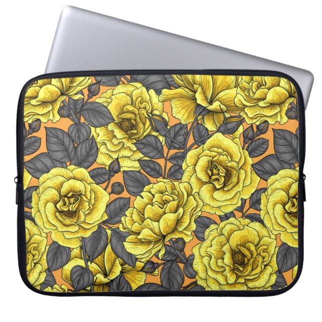Yellow roses with grey leaves on orange laptop sleeve (Front)