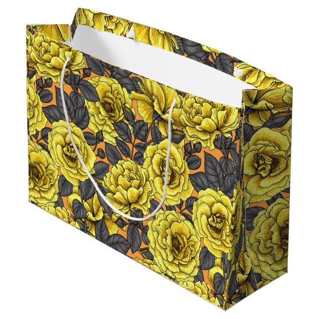 Yellow roses with grey leaves on orange large gift bag (Back Angled)