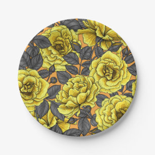 Yellow roses with grey leaves on orange paper plate