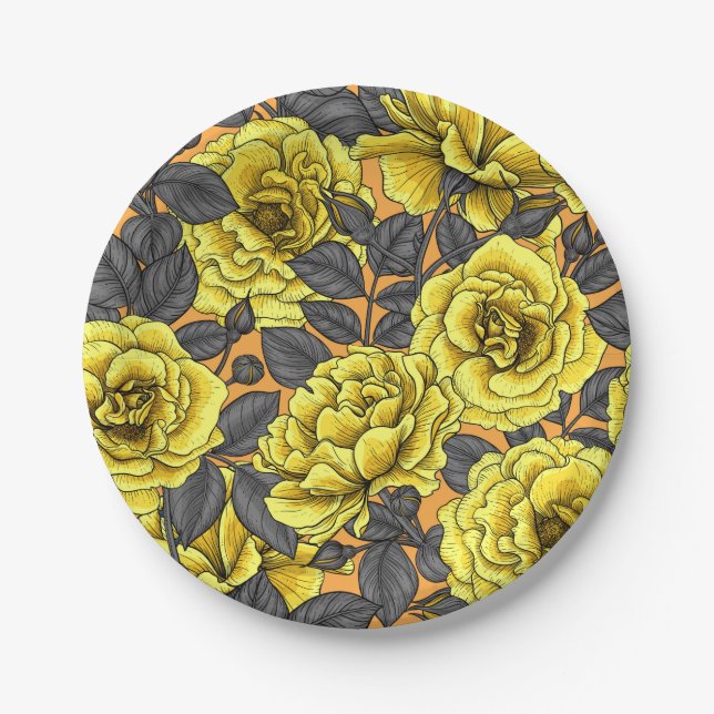 Yellow roses with grey leaves on orange paper plate (Front)