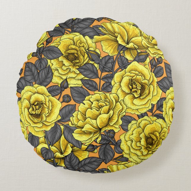 Yellow roses with grey leaves on orange round cushion (Front)
