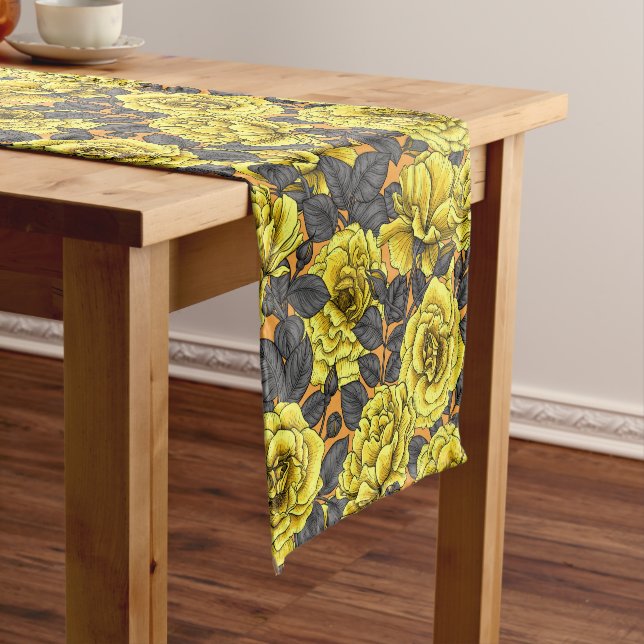 Yellow roses with grey leaves on orange short table runner (In Situ)